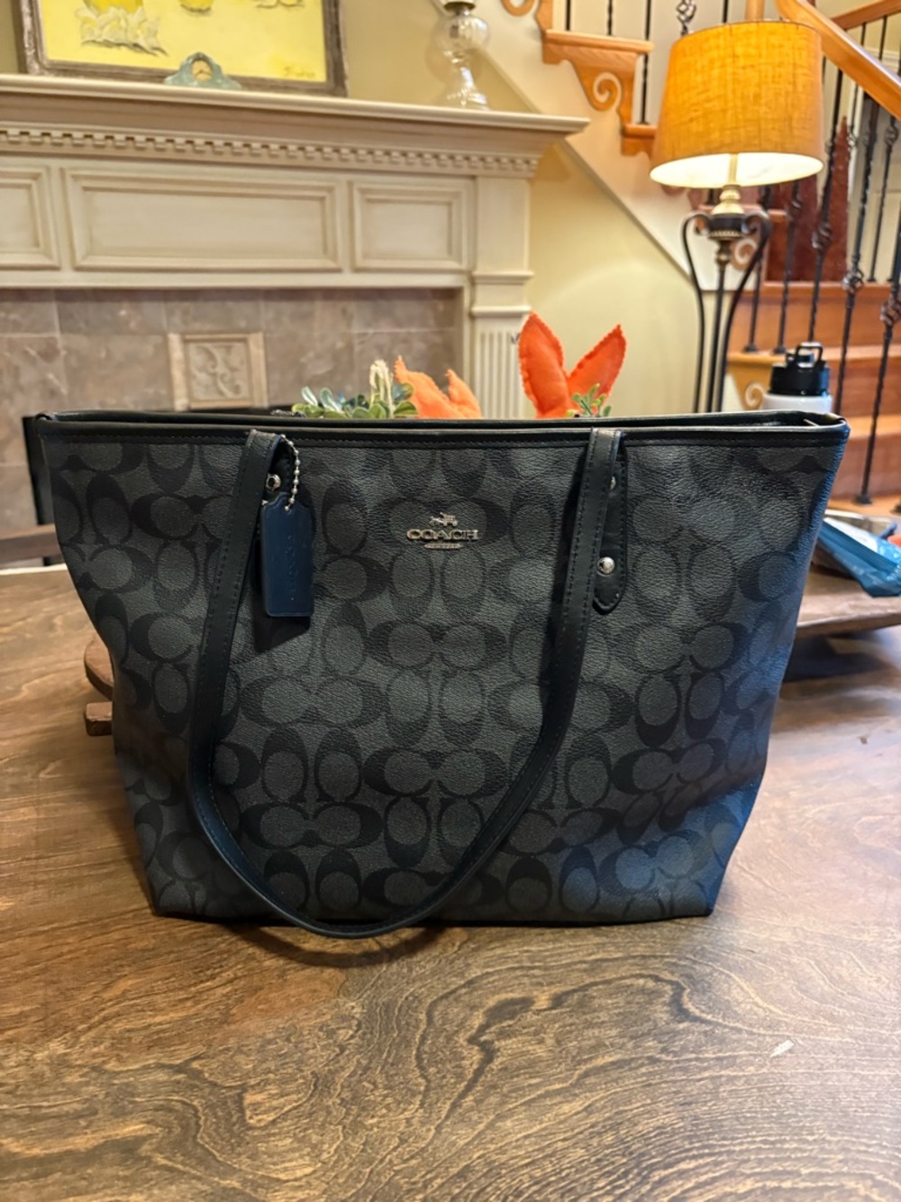 Preloved Coach Black Signature Logo Canvas Tote